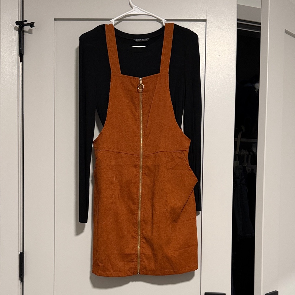 SHEIN Orange Pinafore Dress with Black Top